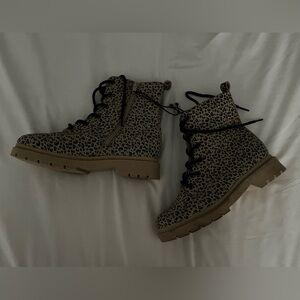 Leopard-Print Lace-Up Combat Boots in Beige